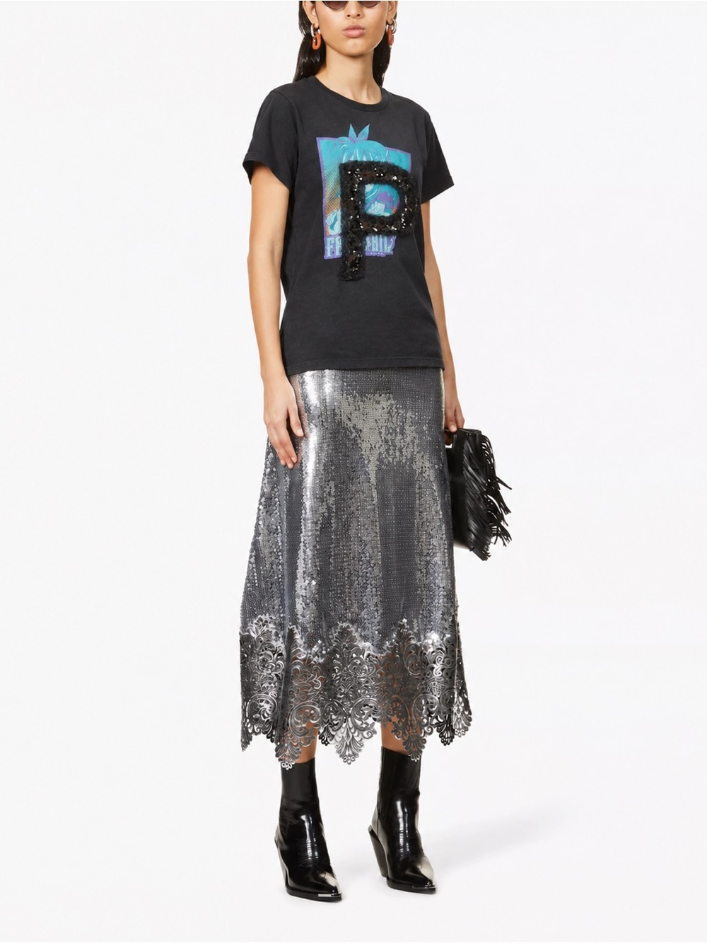 PINKO x Patrick McDowell sequins metallic graphic-print cotton-jersey T-shirt L